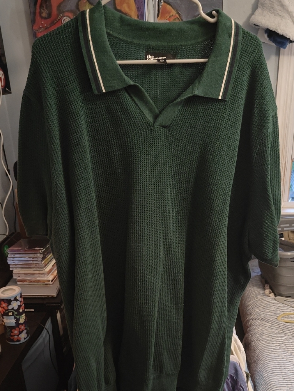 The Commons - Men's Dark Green Knit Polo with Contrast Stripe Collar